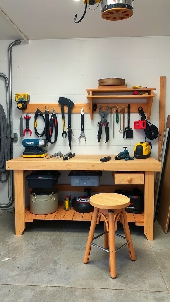 A wooden workbench with various tools organized on the wall and a stool in front.