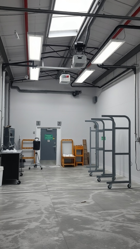 Interior of a clean and organized painting booth in a car repair garage