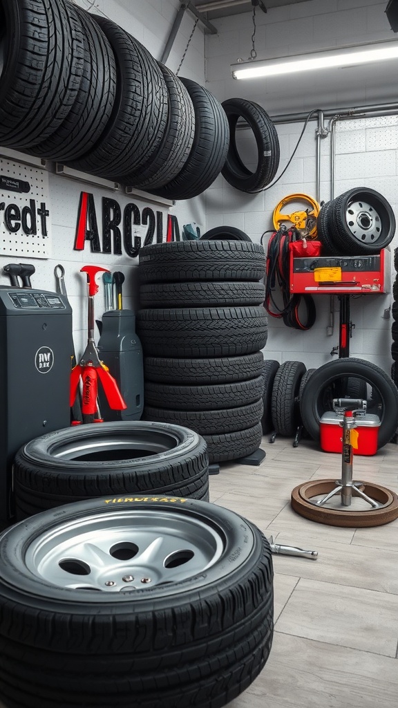 A well-organized tire change station with stacked tires and tools.