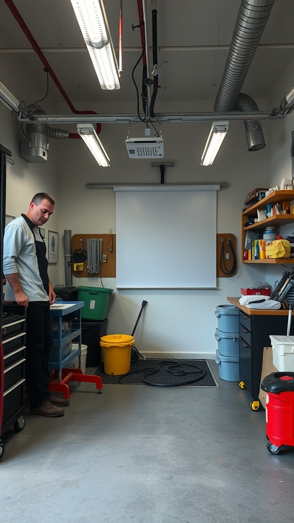 A clean and organized diagnostics training space in a car repair garage.