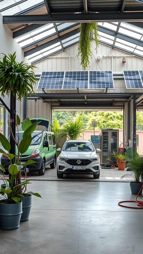 Eco-friendly garage design featuring solar panels and plants.