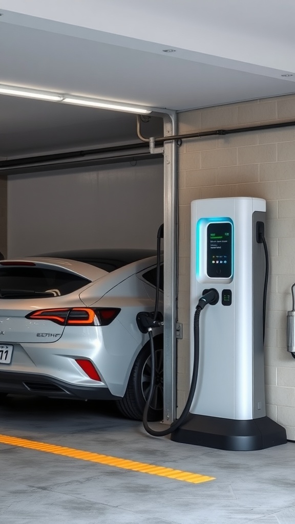 An electric vehicle charging station in a garage next to a parked car.