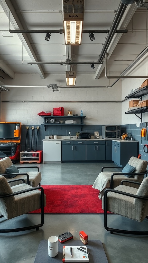 A modern employee break room with comfortable seating, a kitchenette, and a cozy rug.