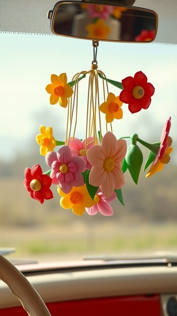 Colorful flower-shaped air fresheners hanging from a car's rearview mirror.