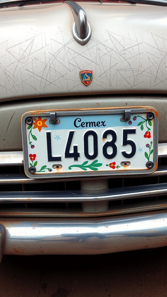 A close-up of a hand-painted license plate frame with colorful floral designs.