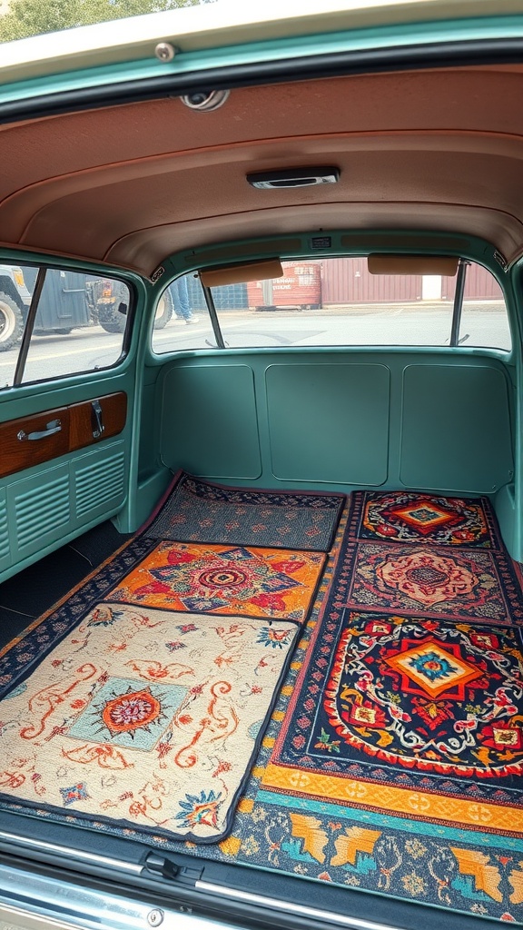 Colorful hippie-themed floor mats in a retro vehicle