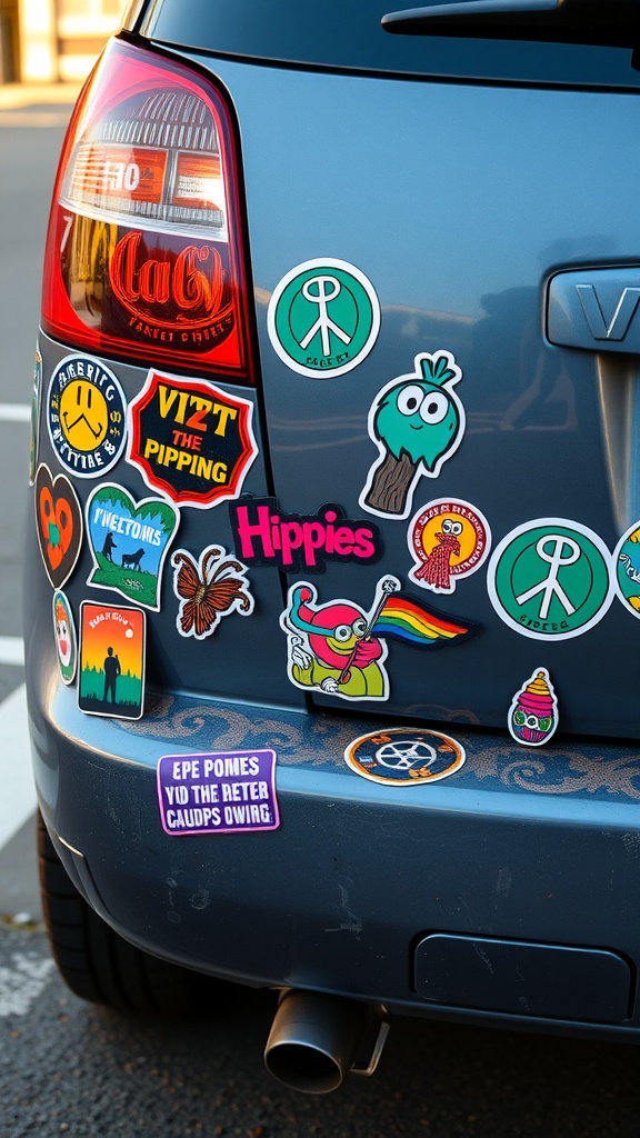 A close-up of a car's rear with various colorful hippie art stickers including peace signs and fun characters.