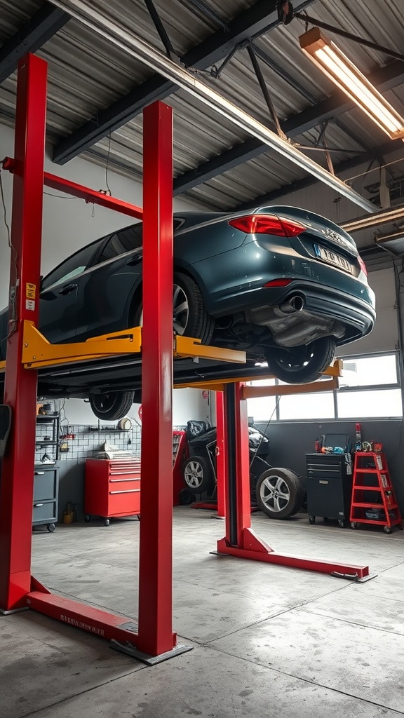 A hydraulic lift in a car repair garage with a car lifted off the ground.