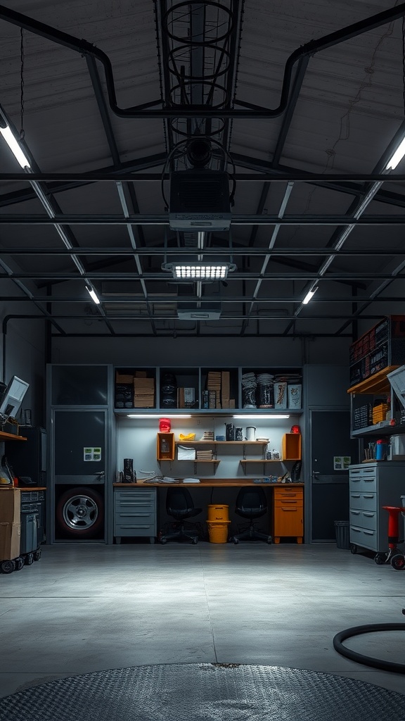 A well-lit car repair garage featuring overhead lights and clean work areas.