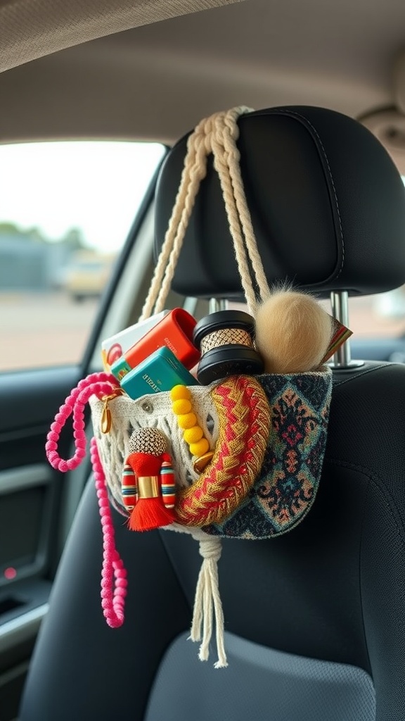 Macrame hanging organizer with colorful items in a car