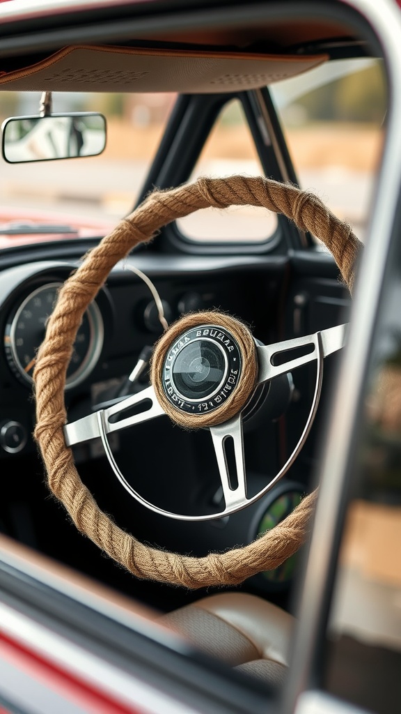 A natural jute steering wheel wrap on a vintage car's steering wheel.