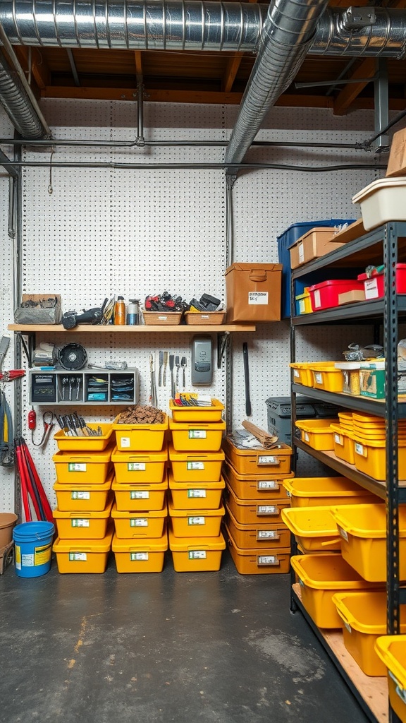 Organized parts inventory in a garage with yellow bins and tools