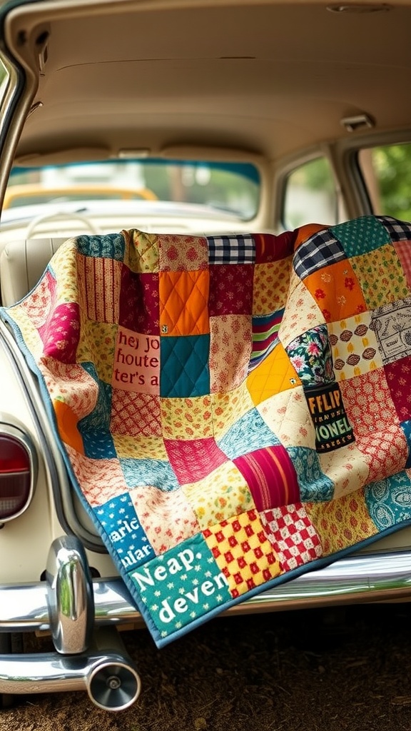 A colorful patchwork quilt blanket draped over the backseat of a vintage car.