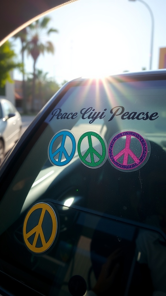 Colorful peace sign window decals on a car window