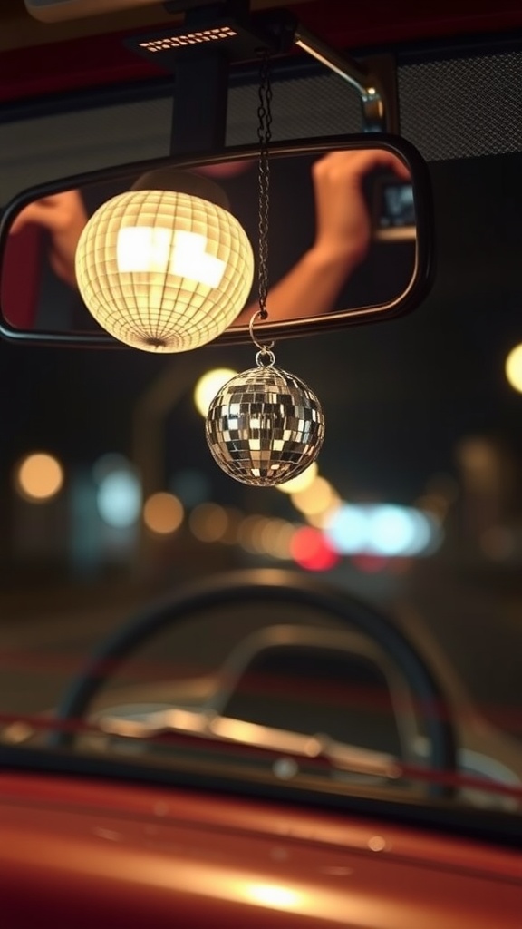 A retro disco ball charm hanging from a rearview mirror in a car