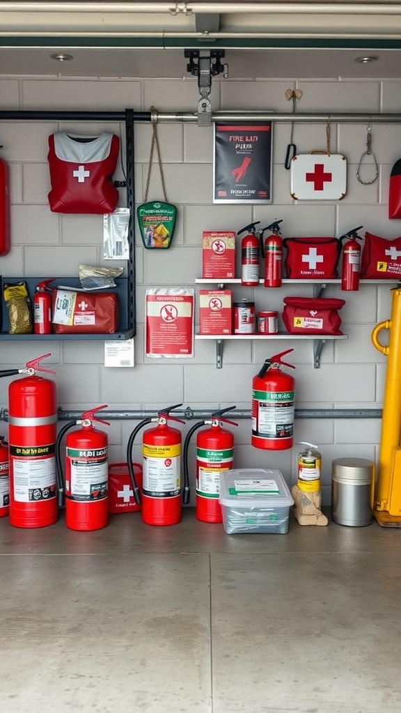 A well-organized garage wall with various safety equipment, including fire extinguishers and first aid kits.