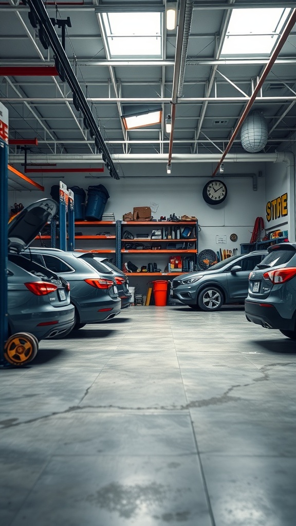 A spacious vehicle storage area in a car repair garage with several cars lined up and tools on shelves.