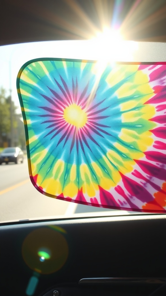 A colorful tie-dye sunshade in a car window, blocking sunlight.