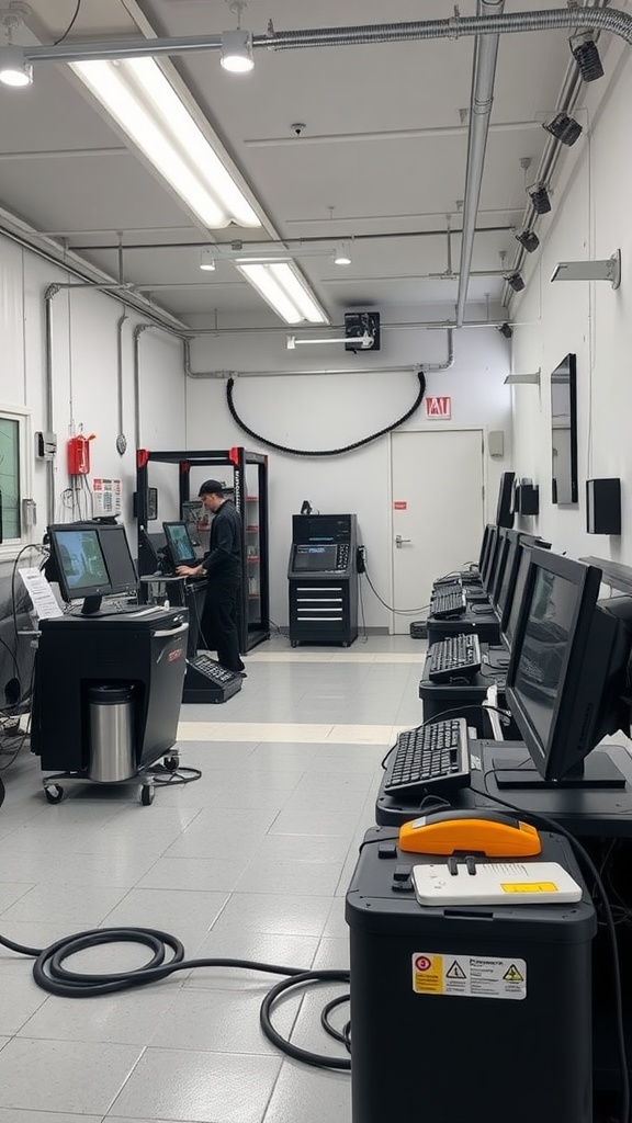 A vehicle diagnostic station with multiple computers and diagnostic equipment in a garage.