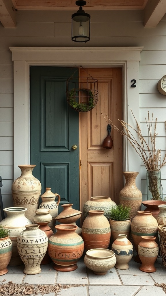 A collection of artisan pottery displayed on a porch with green and wooden doors.