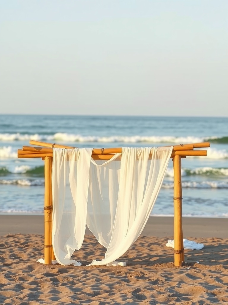 Bamboo structure draped with white fabric on a beach with waves in the background