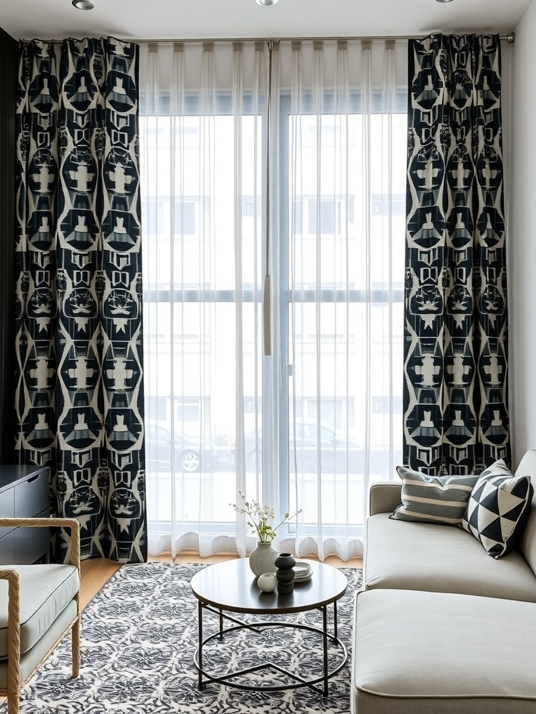 Bold geometric patterned blackout drapery panels in a modern living room setting.