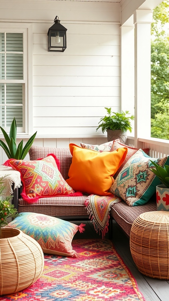 A cozy front porch with brightly colored throw pillows and vibrant decor.