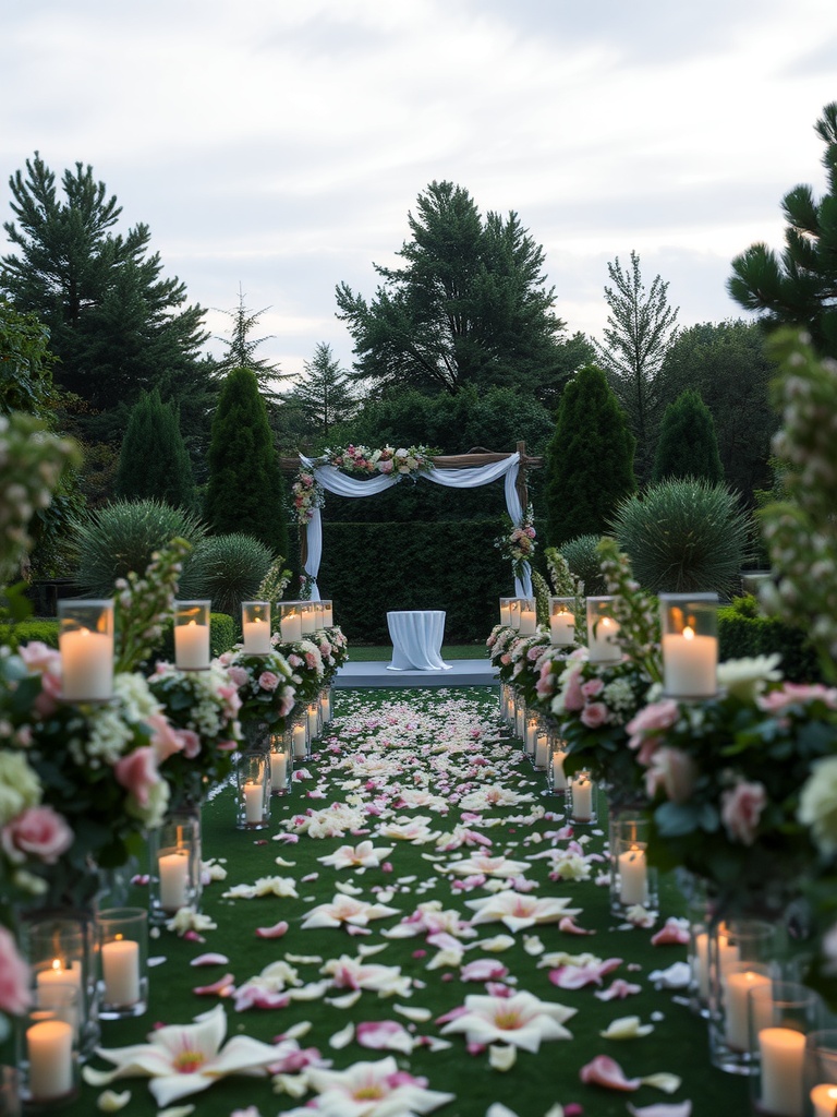 A beautiful candlelit aisle with flowers leading to the altar in a garden setting.