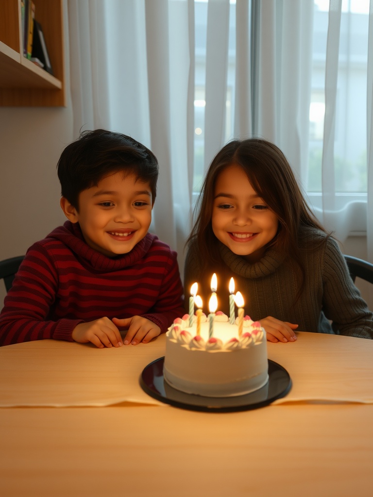 Two children smiling at a birthday cake with candles.
