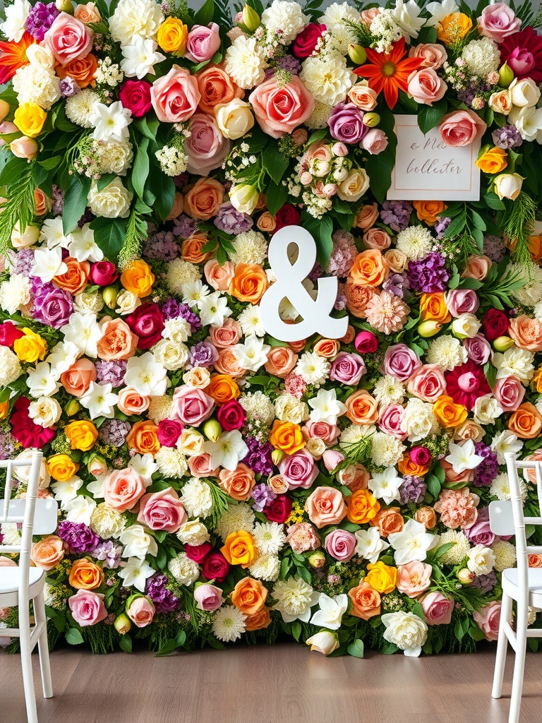 A vibrant floral wall installation featuring various flowers in shades of pink, orange, yellow, and white.