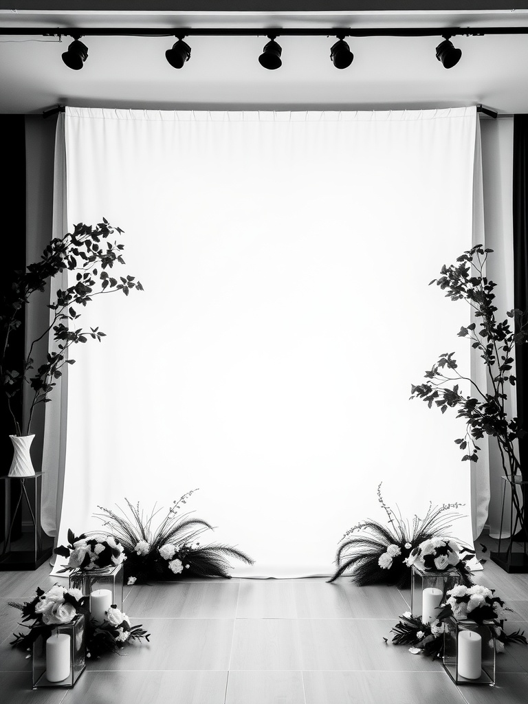 Elegant wedding backdrop with white fabric, flowers, and candles.