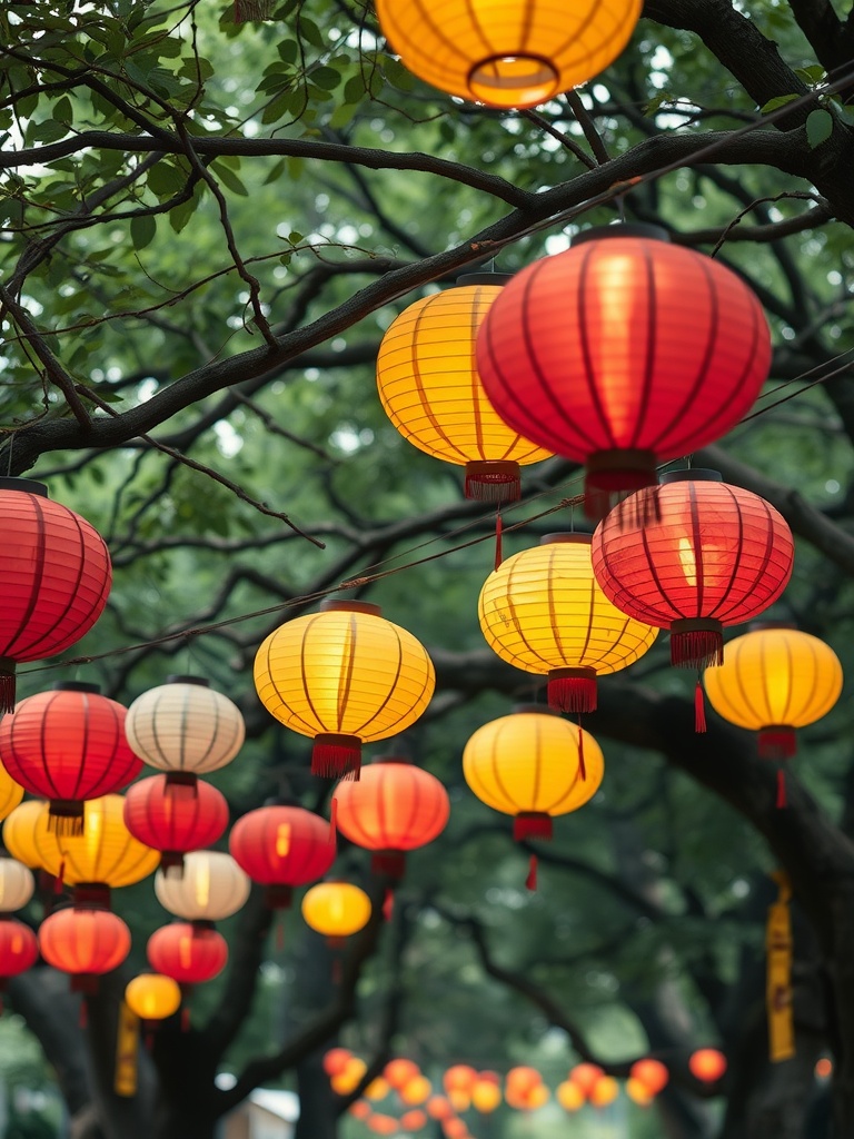 Colorful paper lanterns hanging from tree branches