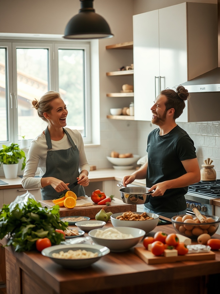 Couple laughing and cooking together in a kitchen filled with fresh ingredients.