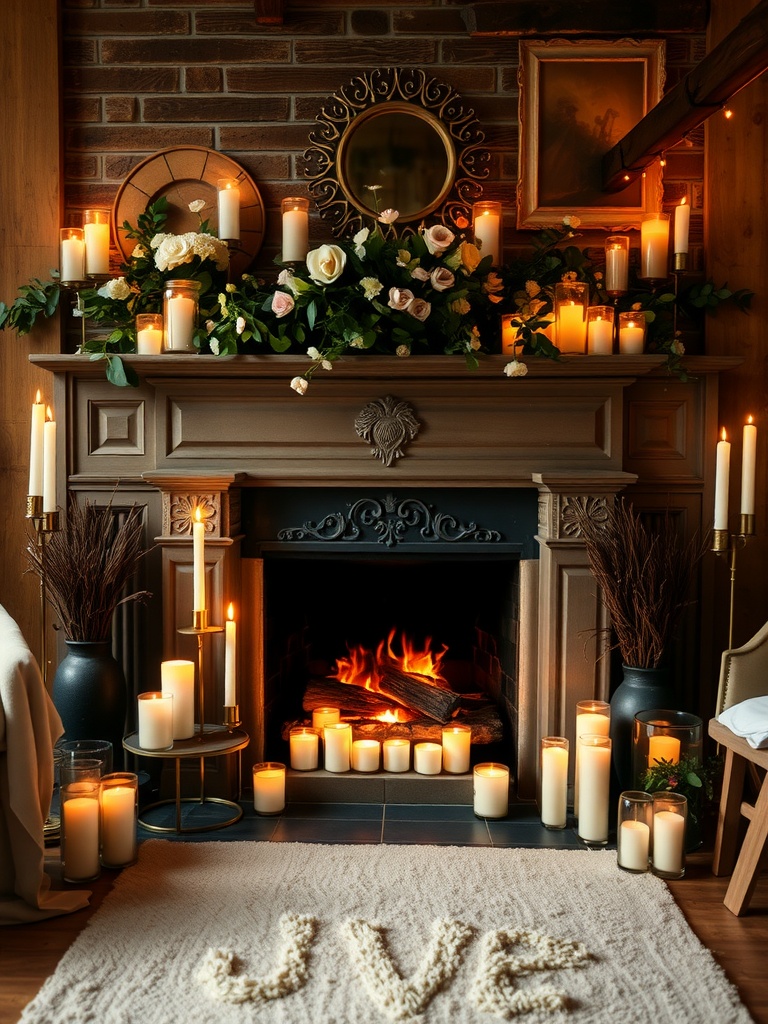 A cozy fireplace decorated with candles and flowers, creating an intimate wedding backdrop.