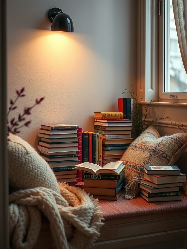 A cozy reading nook with books, a blanket, and warm lighting.