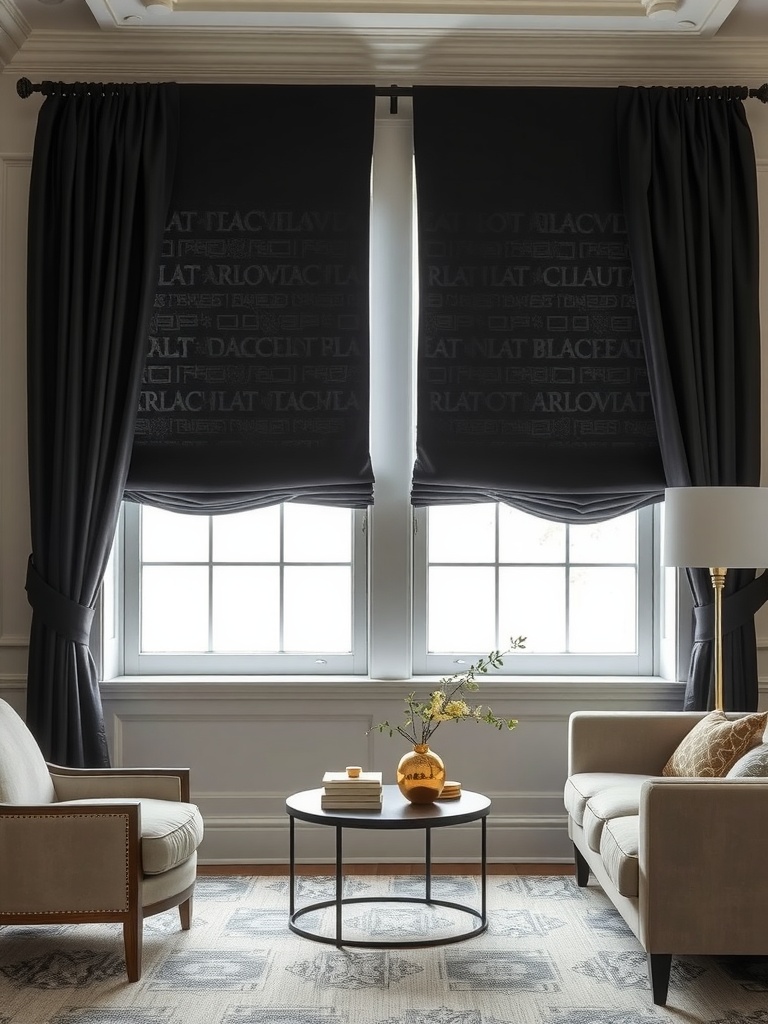 Elegant black drapery panels over large windows in a cozy living room