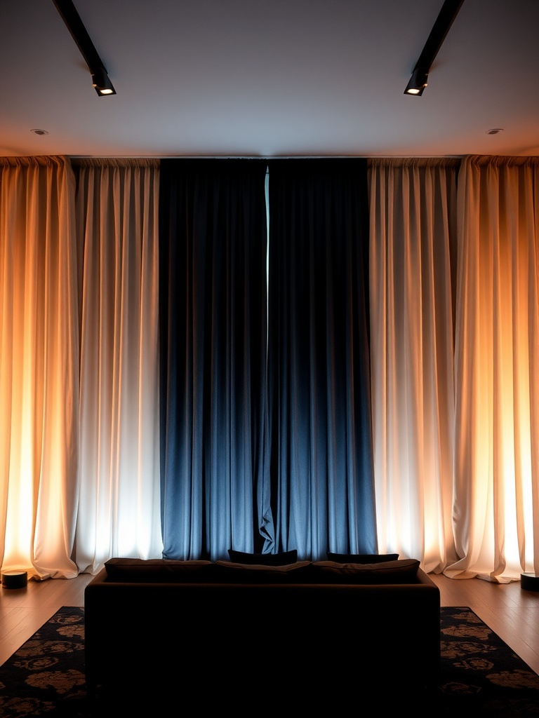 Dramatic ombre drapery panels in a stylish interior setting