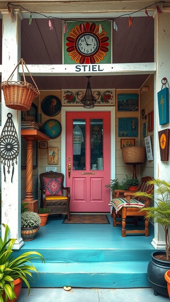 Eclectic wall art display on a boho front porch with colorful elements.