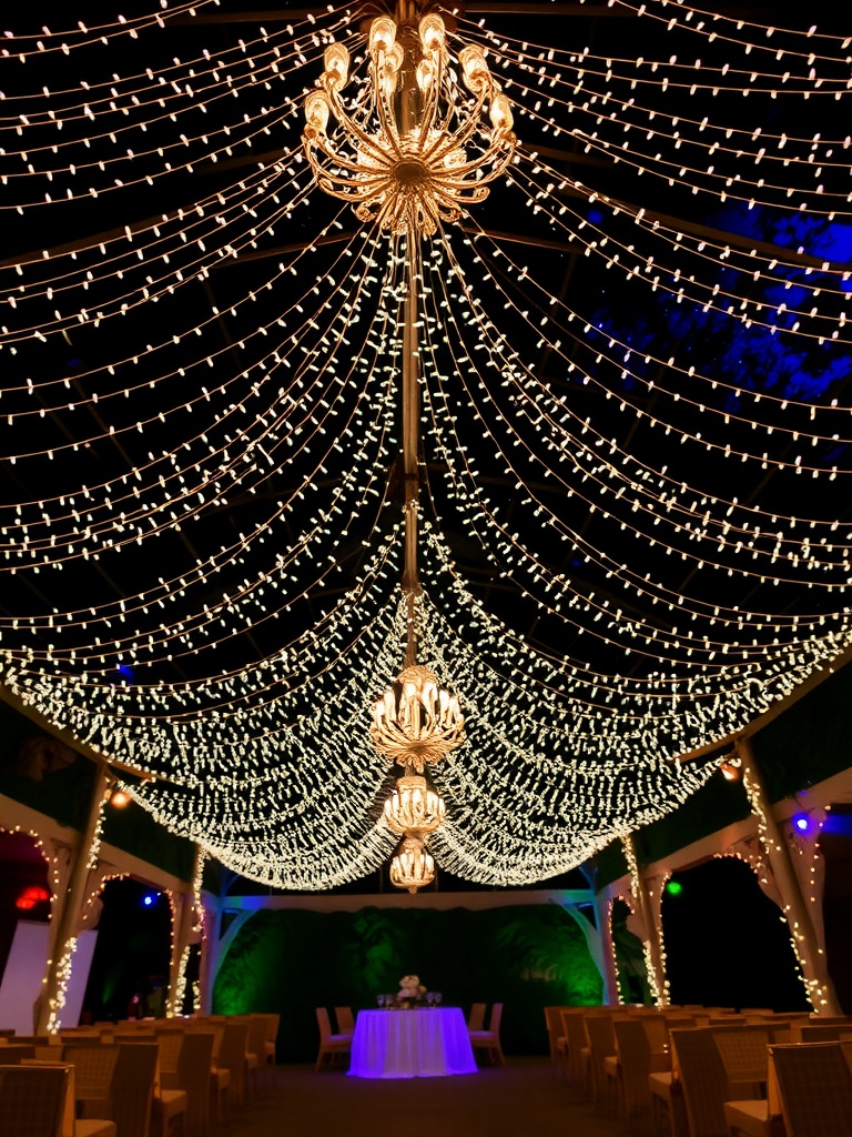A beautifully decorated canopy with fairy lights and chandeliers, set up for a wedding