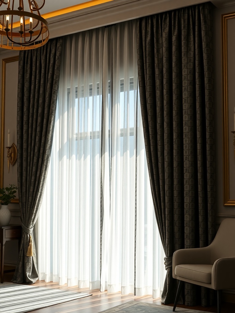 Elegant balloon blackout drapery panels framing a window with sheer curtains.