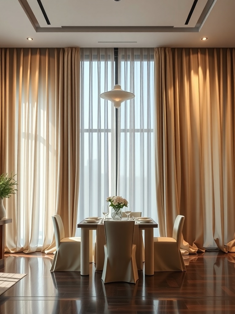 A dining area with elegant silk drapes, showcasing light control and a luxurious atmosphere.
