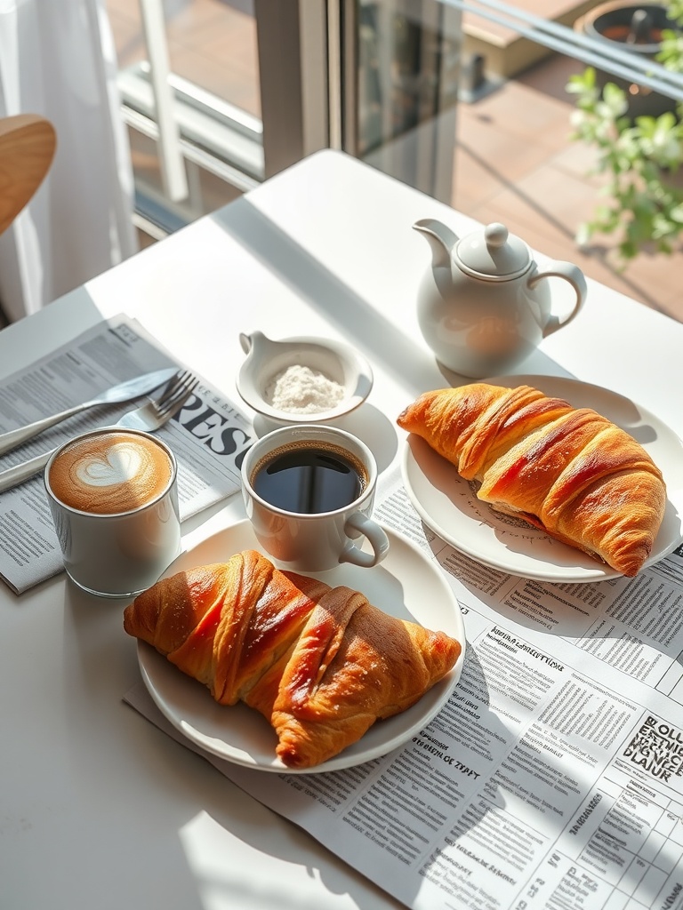 A cozy breakfast setup with coffee and croissants on a table