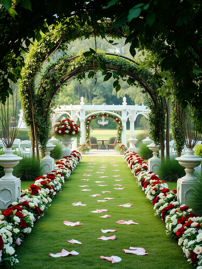 A garden pathway decorated with flowers leading to a wedding arch.