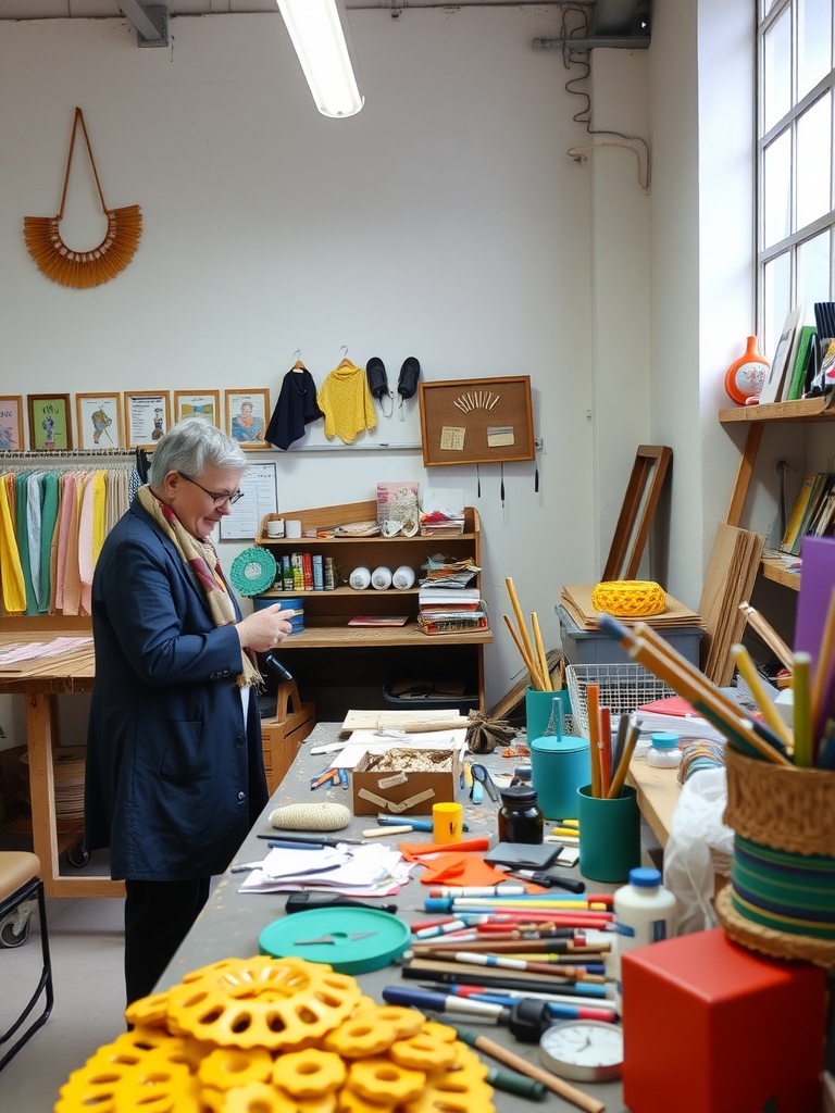 A person in a creative workshop surrounded by colorful art supplies and projects.