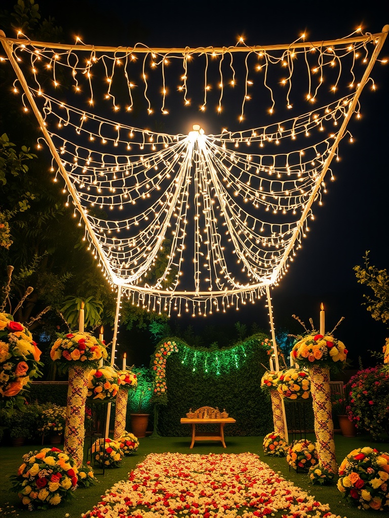 A beautifully decorated ceremony area with a canopy of fairy lights and floral arrangements.