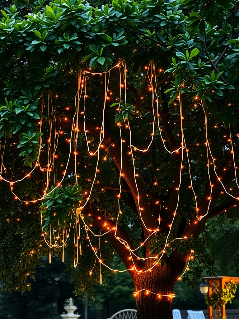 Fairy lights draped through tree branches creating a warm, glowing atmosphere