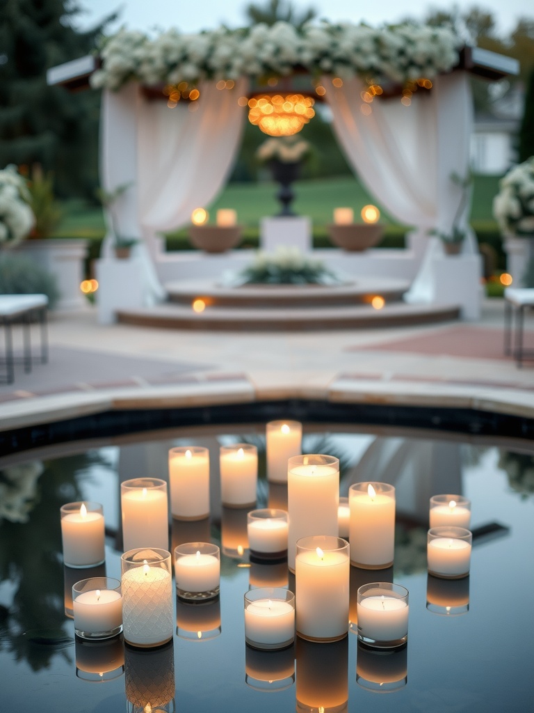 Floating candles in a decorative water feature at a garden wedding.