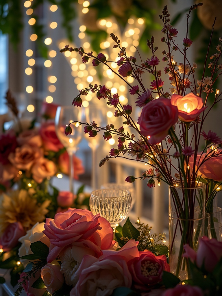 Floral arrangements with lights for a garden wedding