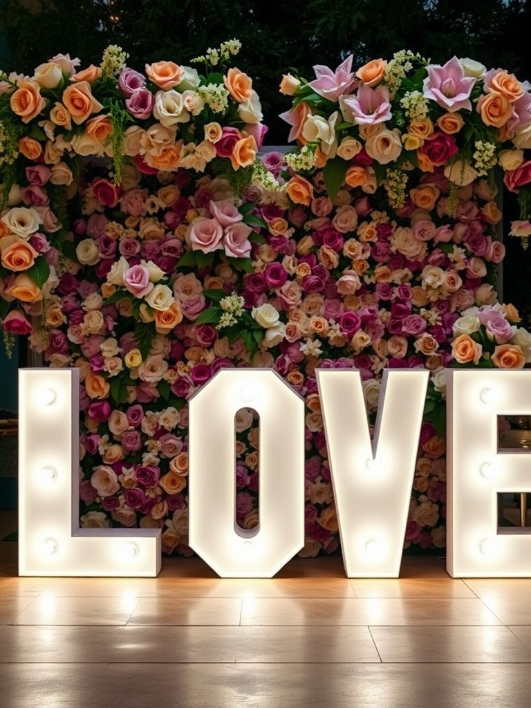 Giant light-up letters spelling 'LOVE' in front of a flower wall.