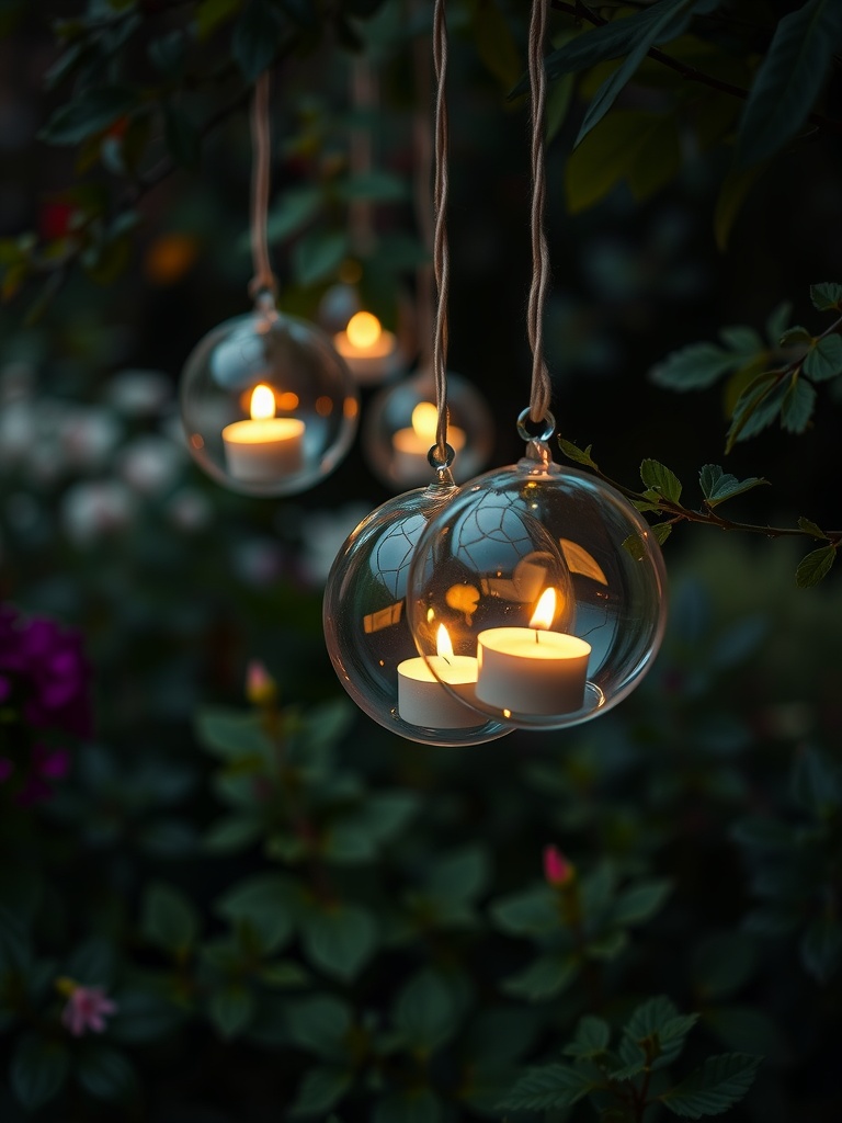 Hanging glass orbs with tea lights in a garden setting